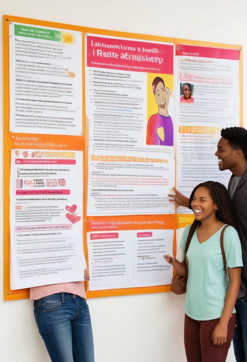 A vibrant university campus setting depicting diverse young adults engaging in open discussions about dating safety and sexual health. Include an informative bulletin board in the background with pamphlets, a group of friends sharing laughter, and a book on relationships in hand. The atmosphere should radiate warmth and inclusivity. super-realistic. vibrant colors. white background.