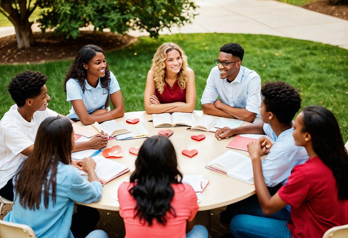 A dynamic and engaging scene of a diverse group of college students having an open discussion about relationships and wellness, surrounded by textbooks, heart symbols, and subtle illustrations of various types of healthy relationships. Soft, warm colors create a welcoming vibe, with elements representing sexual wellness subtly integrated, like a heart and a shield. The background features a campus setting, enhancing the college atmosphere. vibrant colors. soft focus.